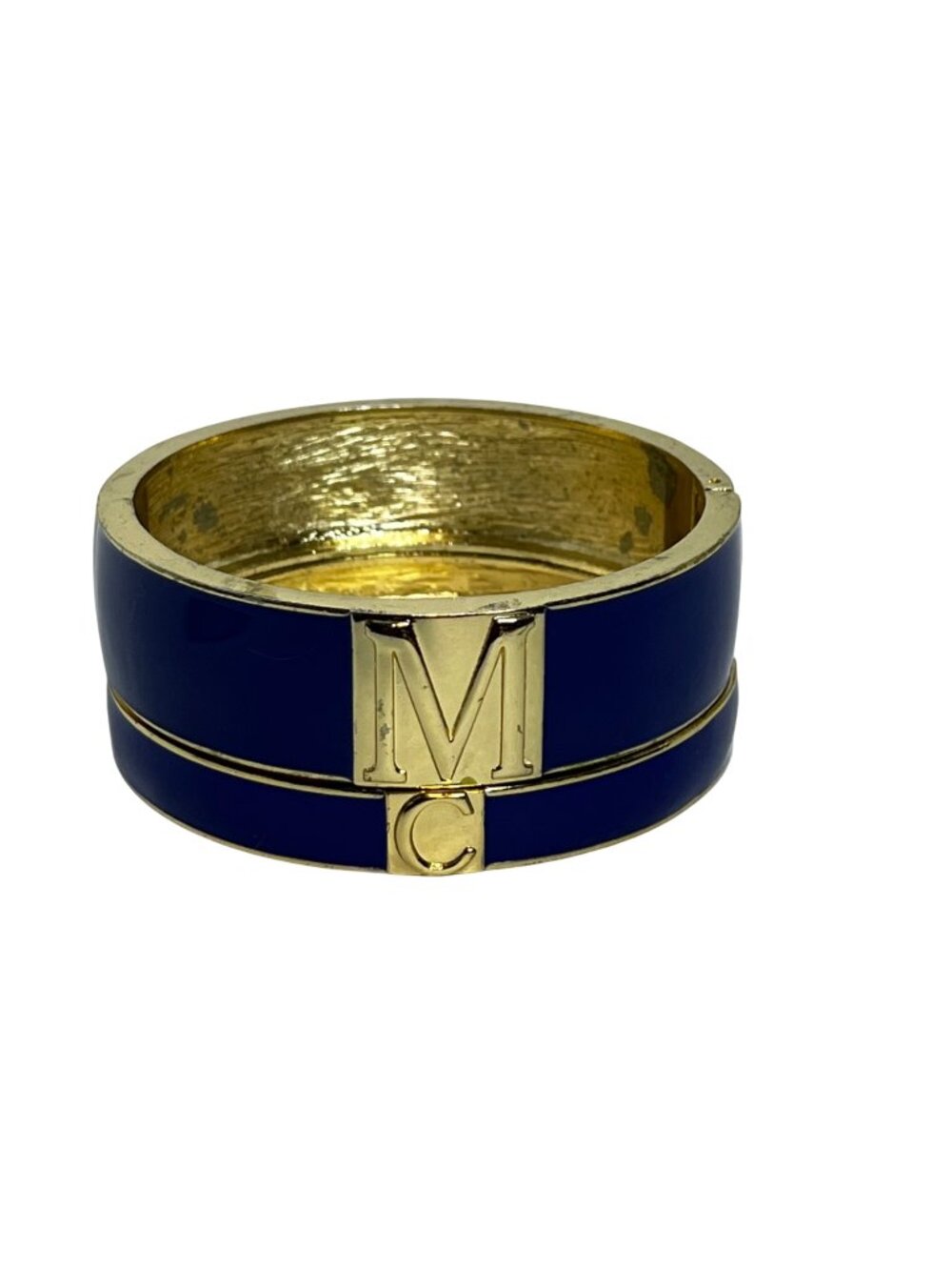 Gold Tone And Blue Enamel Hinged Bracelets With M & C Design (6513)